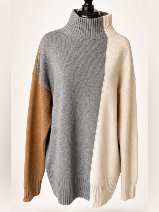 Kaos Sweaters - Kaos Colorblock Mockneck Sweater, Gray, Cream & Brown, Italy, szL, EUC